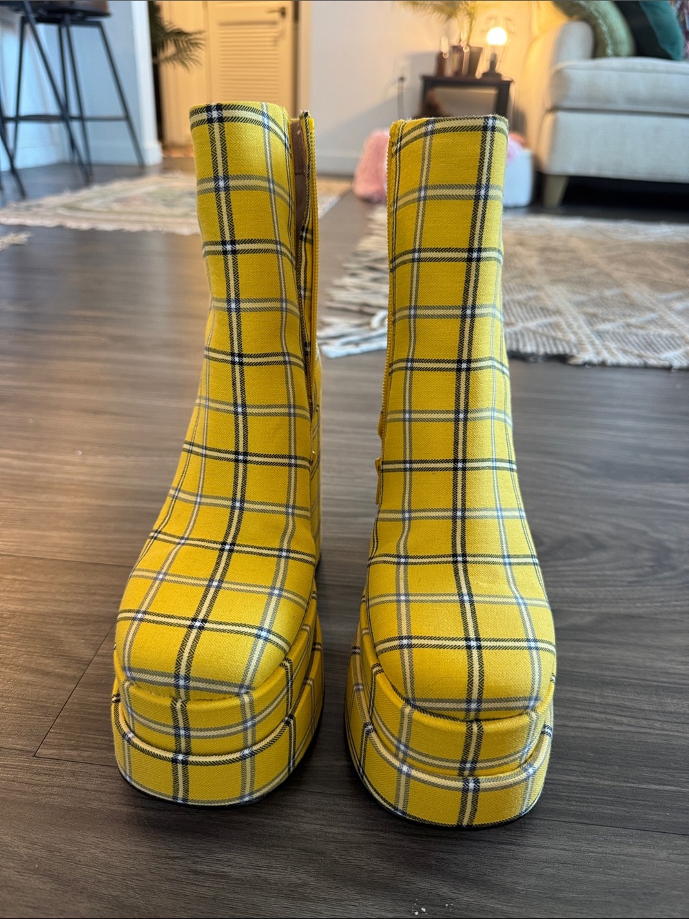 Steve Madden Yellow Plaid Platform Ankle Boots - Picture 2 of 8